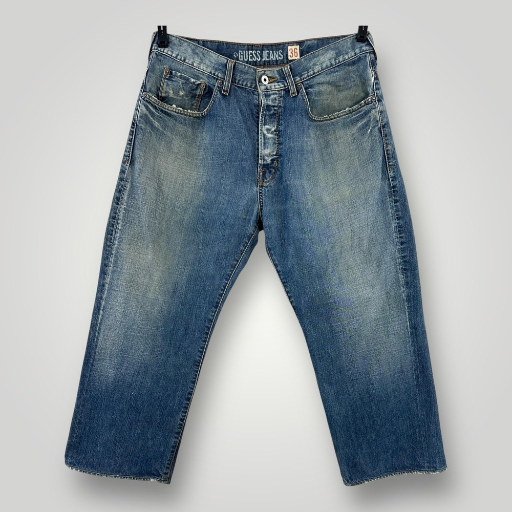 Guess Jeans Mens 36x26 Blue Denim Button Fly Distressed Faded Cotton